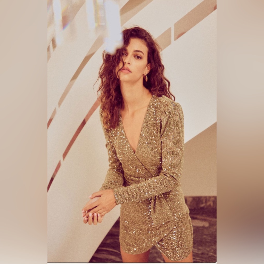 Saylor Juanita Gold Sequin V-Neck Long Sleeve Mini Dress Size M Puff Shoulders